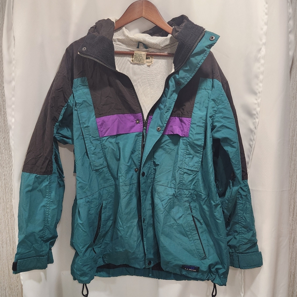 Vintage 90s LL BEAN Hooded Anorak UNISEX Lg Green Black Nylon Colorblock Grunge